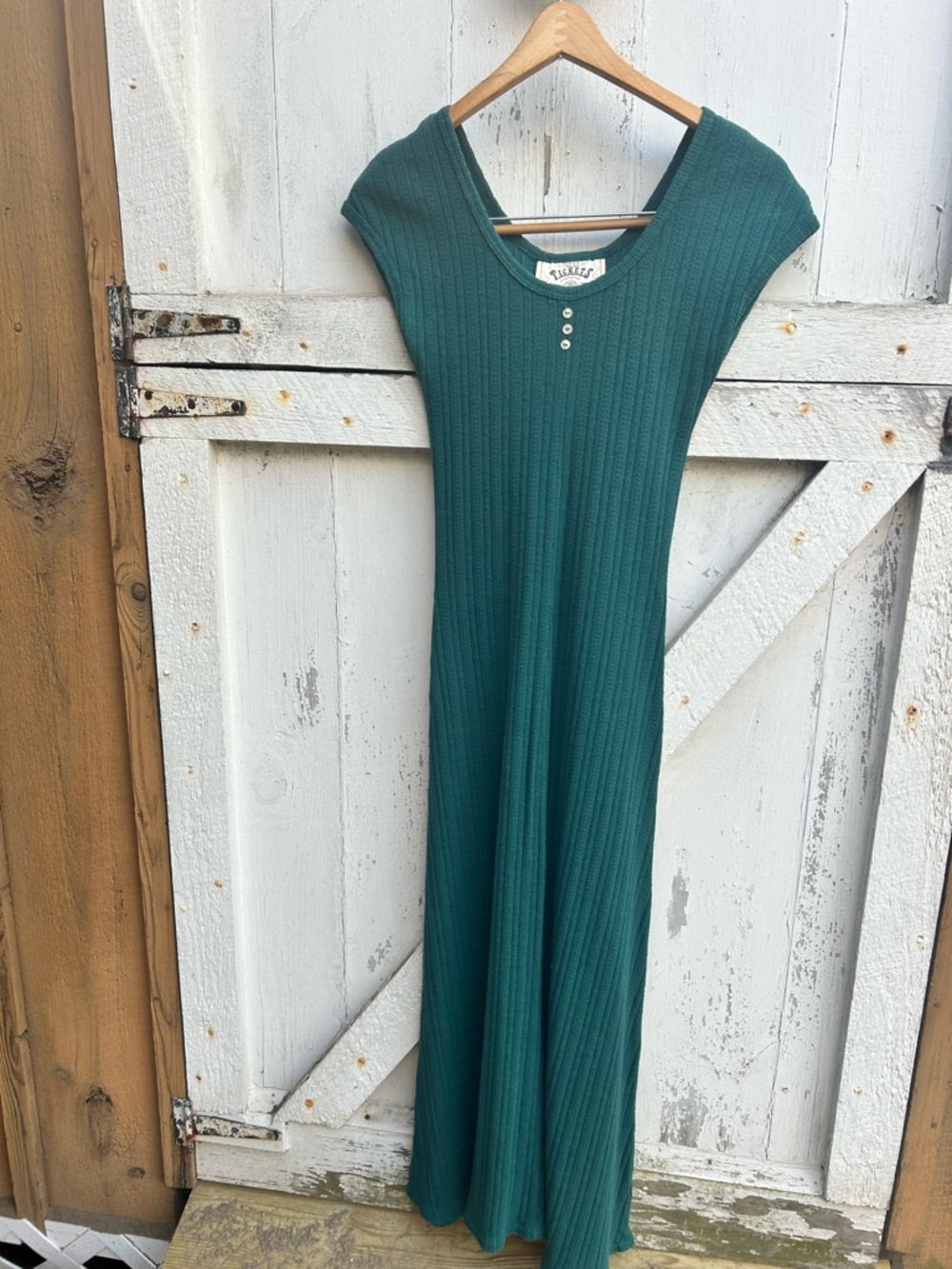 Vintage 90s 100% cotton jewel Green Ribbed Cap-Sleeve Maxi Dress small